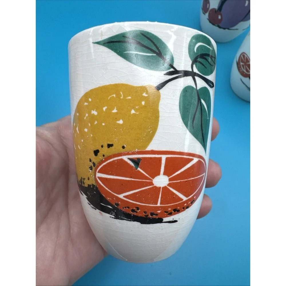 Vintage 60s Cups Juice‎ Drinking Glasses Retro Fruit Pattern White Set 4 Tumbler